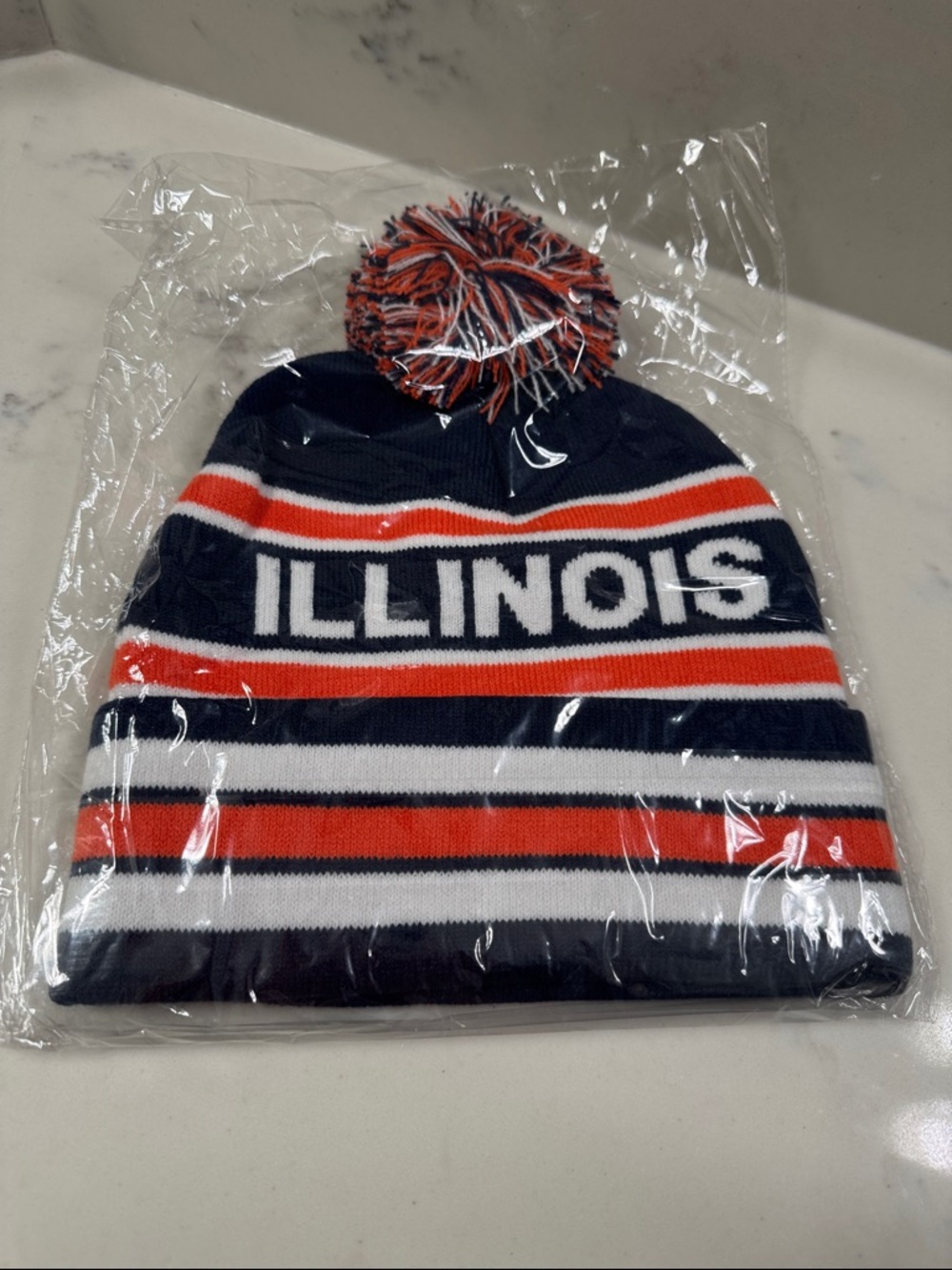 Illinois Knit Pom Beanie - Navy, Orange & White